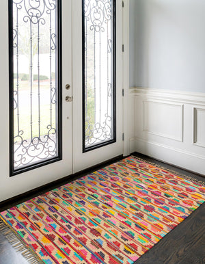 Multicolor 7' 1 x 10' Chindi Trellis Rectangle Area Rug Natural Eco-Friendly Cotton Geometric Pattern Carpet for Living Dining Room Office Bedrooms for Sale at Rug Engine
