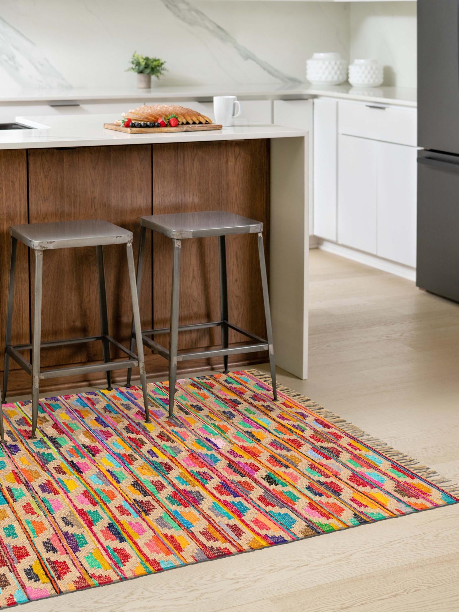 Multicolor 4' 1 x 6' 1 Chindi Trellis Rectangle Area Rug Natural Eco-Friendly Cotton Geometric Pattern Carpet for Living Dining Room Office Bedrooms for Sale at Rug Engine