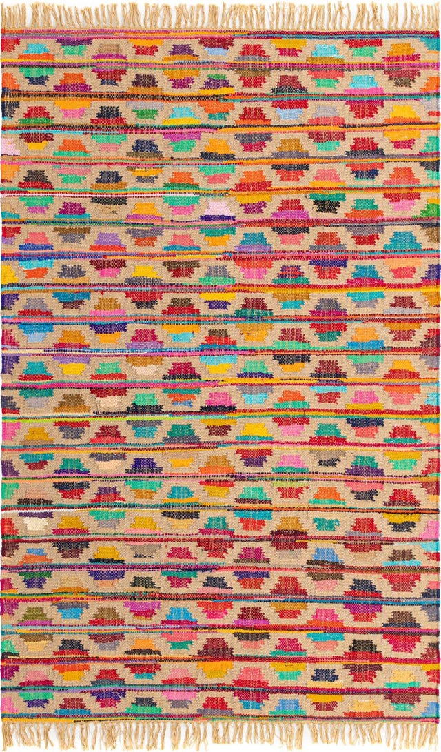 Multicolor 5' 1 x 8' Chindi Trellis Rectangle Area Rug Natural Eco-Friendly Cotton Geometric Pattern Carpet for Living Dining Room Office Bedrooms for Sale at Rug Engine