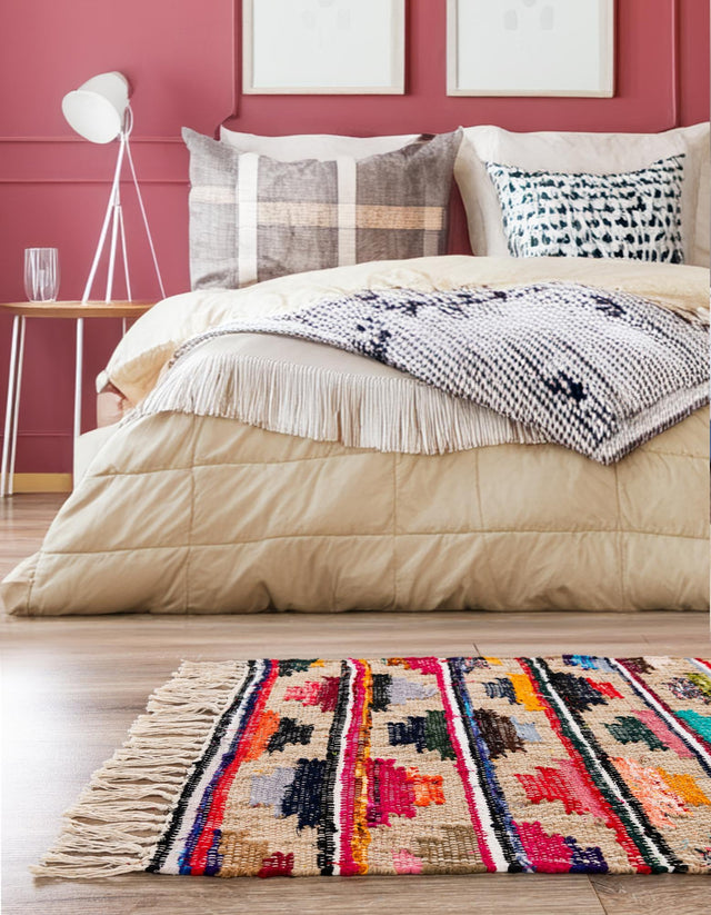Multicolor 2' 2 x 6' 1 Chindi Trellis Runner Area Rug Natural Eco-Friendly Cotton Geometric Pattern Carpet for Living Dining Room Office Bedrooms for Sale at Rug Engine