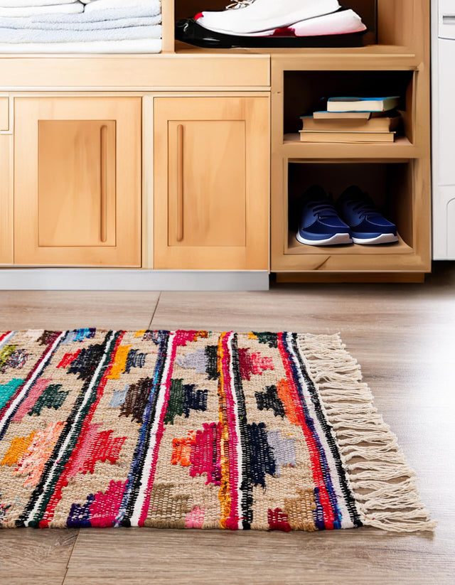 Multicolor 2' 2 x 6' 1 Chindi Trellis Runner Area Rug Natural Eco-Friendly Cotton Geometric Pattern Carpet for Living Dining Room Office Bedrooms for Sale at Rug Engine