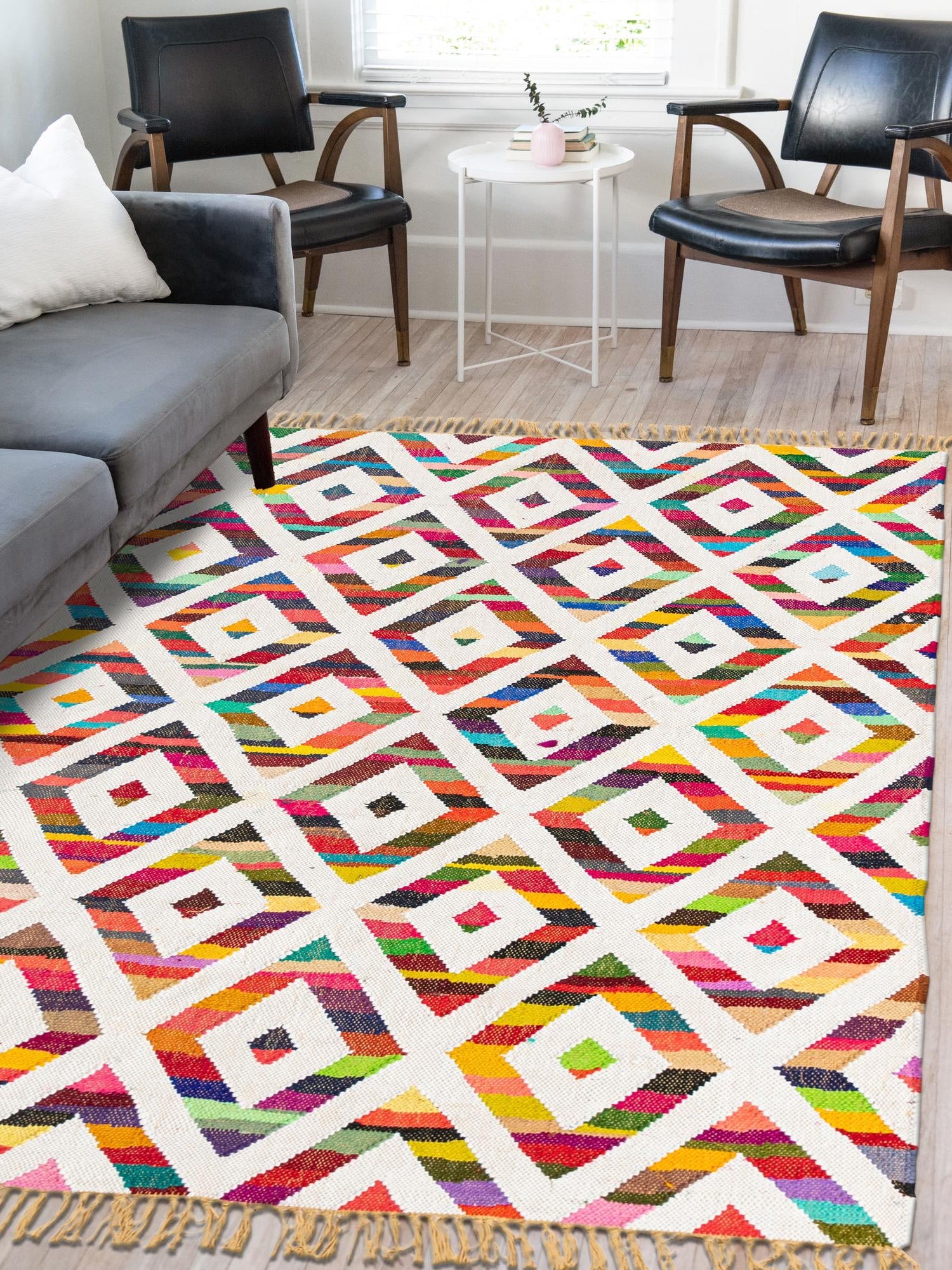 Multicolor 7' 1 x 10' Chindi Trellis Rectangle Area Rug Natural Eco-Friendly Cotton Geometric Pattern Carpet for Living Dining Room Office Bedrooms for Sale at Rug Engine