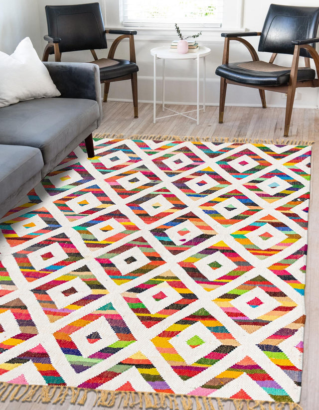 Multicolor 7' 1 x 10' Chindi Trellis Rectangle Area Rug Natural Eco-Friendly Cotton Geometric Pattern Carpet for Living Dining Room Office Bedrooms for Sale at Rug Engine