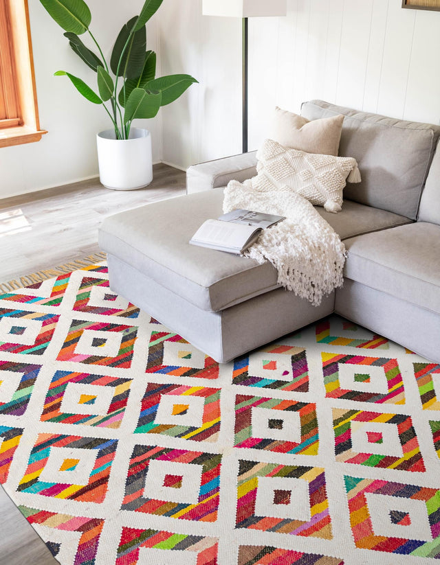 Multicolor 7' 1 x 10' Chindi Trellis Rectangle Area Rug Natural Eco-Friendly Cotton Geometric Pattern Carpet for Living Dining Room Office Bedrooms for Sale at Rug Engine