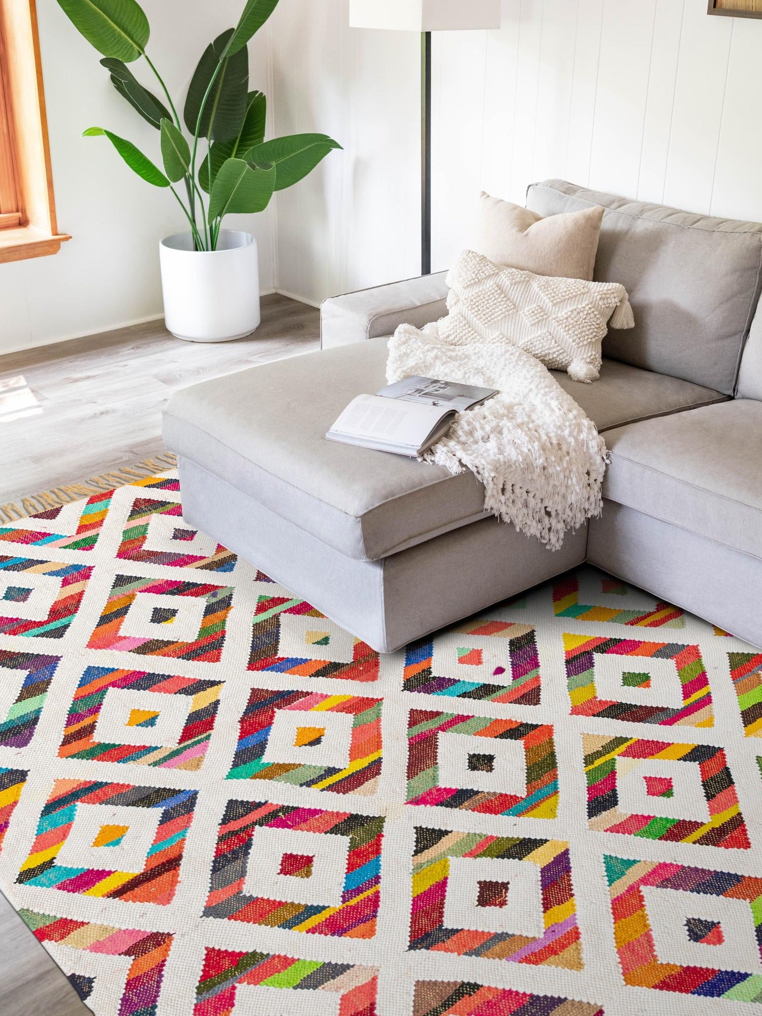 Multicolor 9' x 12' Chindi Trellis Rectangle Area Rug Natural Eco-Friendly Cotton Geometric Pattern Carpet for Living Dining Room Office Bedrooms for Sale at Rug Engine