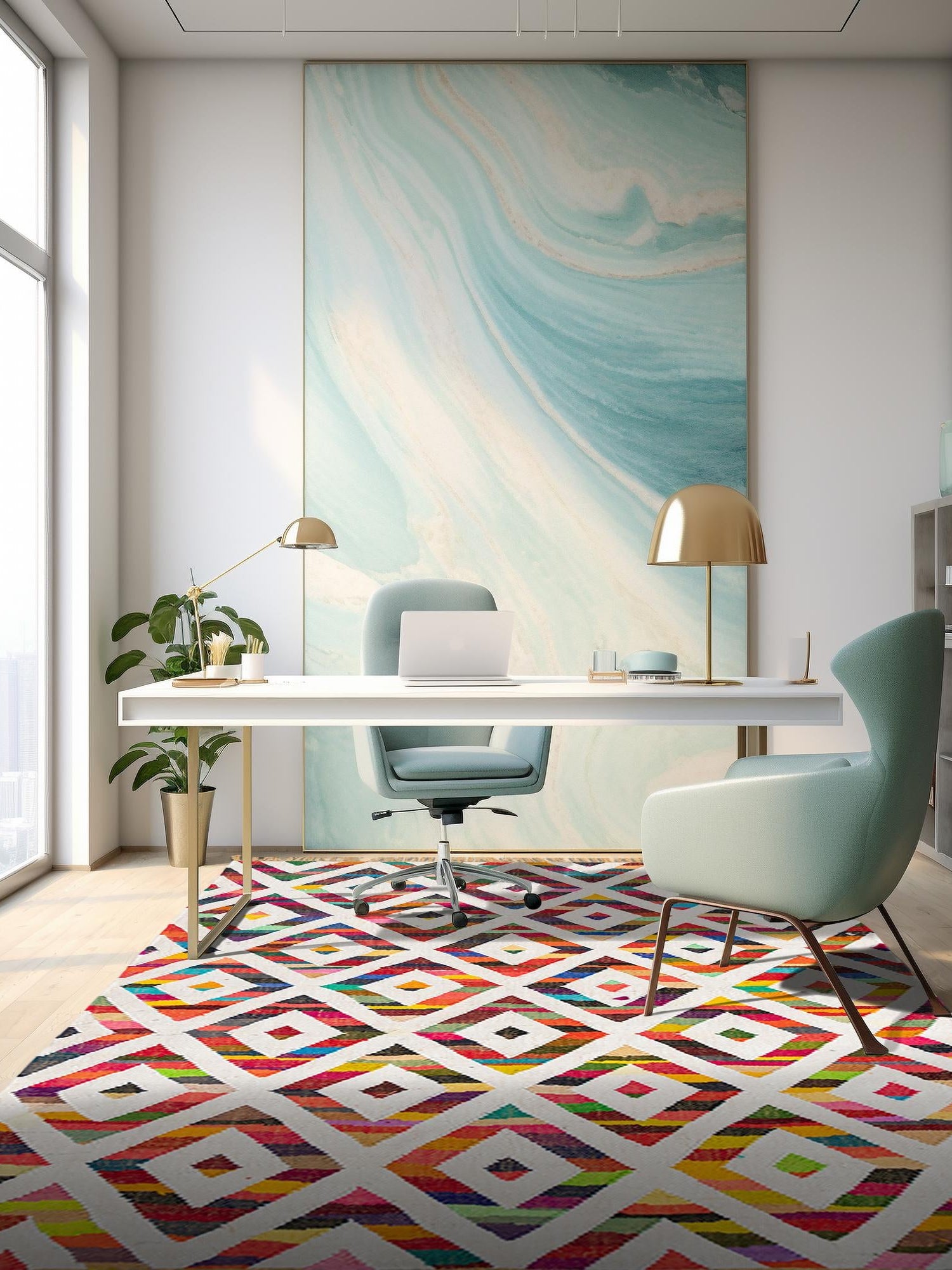 Multicolor 4' 1 x 6' 1 Chindi Trellis Rectangle Area Rug Natural Eco-Friendly Cotton Geometric Pattern Carpet for Living Dining Room Office Bedrooms for Sale at Rug Engine