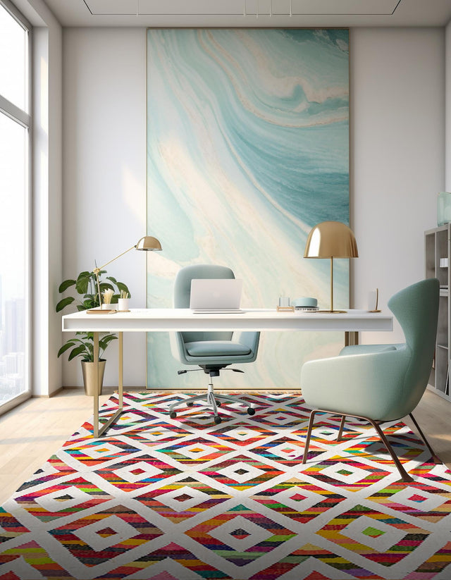 Multicolor 4' 1 x 6' 1 Chindi Trellis Rectangle Area Rug Natural Eco-Friendly Cotton Geometric Pattern Carpet for Living Dining Room Office Bedrooms for Sale at Rug Engine