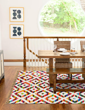 Multicolor 4' 1 x 6' 1 Chindi Trellis Rectangle Area Rug Natural Eco-Friendly Cotton Geometric Pattern Carpet for Living Dining Room Office Bedrooms for Sale at Rug Engine