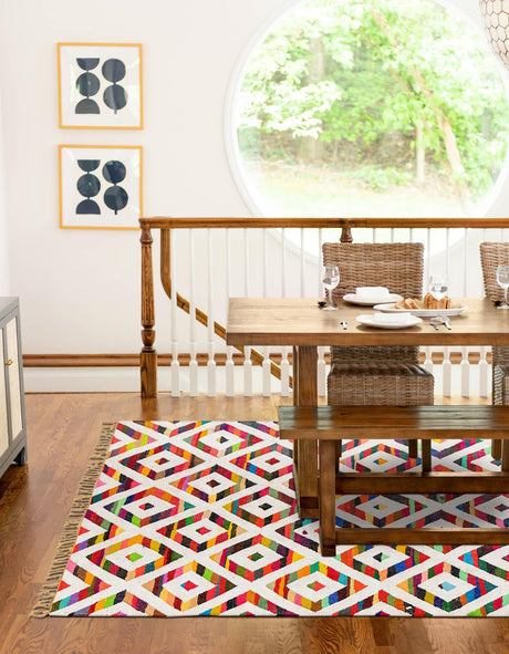 Multicolor 9' x 12' Chindi Trellis Rectangle Area Rug Natural Eco-Friendly Cotton Geometric Pattern Carpet for Living Dining Room Office Bedrooms for Sale at Rug Engine