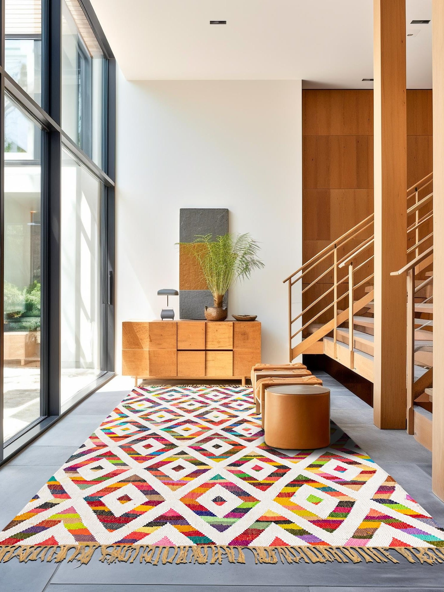 Multicolor 7' 1 x 10' Chindi Trellis Rectangle Area Rug Natural Eco-Friendly Cotton Geometric Pattern Carpet for Living Dining Room Office Bedrooms for Sale at Rug Engine
