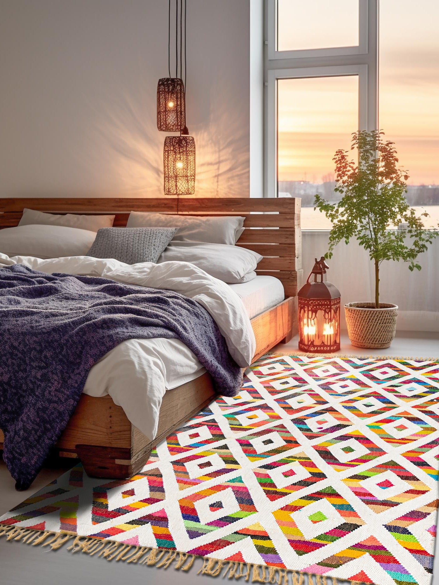 Multicolor 7' 1 x 10' Chindi Trellis Rectangle Area Rug Natural Eco-Friendly Cotton Geometric Pattern Carpet for Living Dining Room Office Bedrooms for Sale at Rug Engine