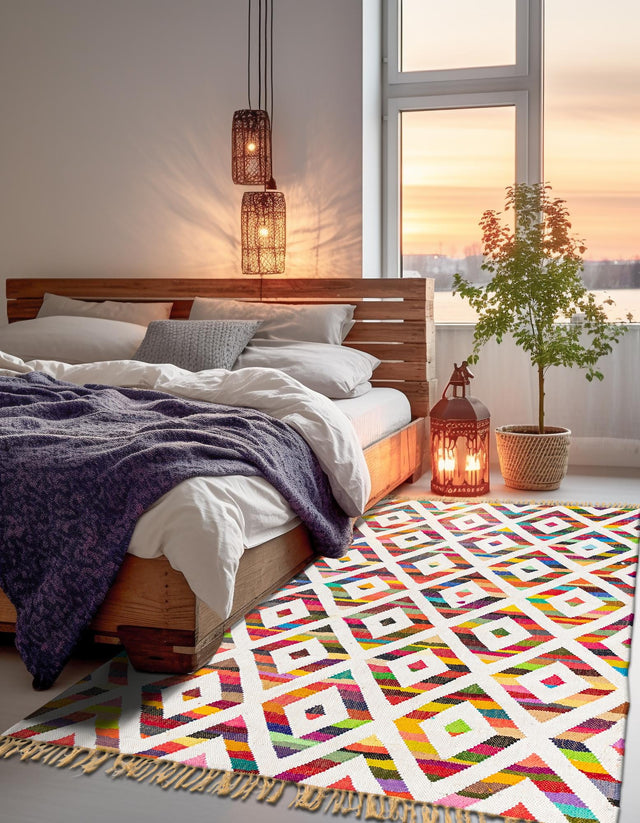 Multicolor 7' 1 x 10' Chindi Trellis Rectangle Area Rug Natural Eco-Friendly Cotton Geometric Pattern Carpet for Living Dining Room Office Bedrooms for Sale at Rug Engine