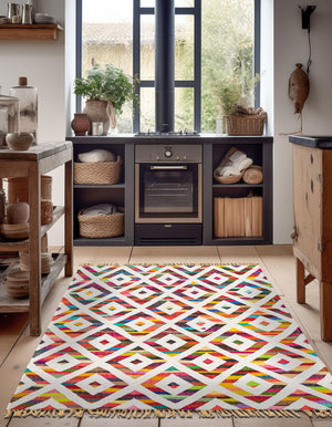 Multicolor 8' x 11' Chindi Trellis Rectangle Area Rug Natural Eco-Friendly Cotton Geometric Pattern Carpet for Living Dining Room Office Bedrooms for Sale at Rug Engine