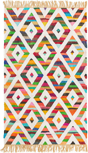 Multicolor 4' 1 x 6' 1 Chindi Trellis Rectangle Area Rug Natural Eco-Friendly Cotton Geometric Pattern Carpet for Living Dining Room Office Bedrooms for Sale at Rug Engine
