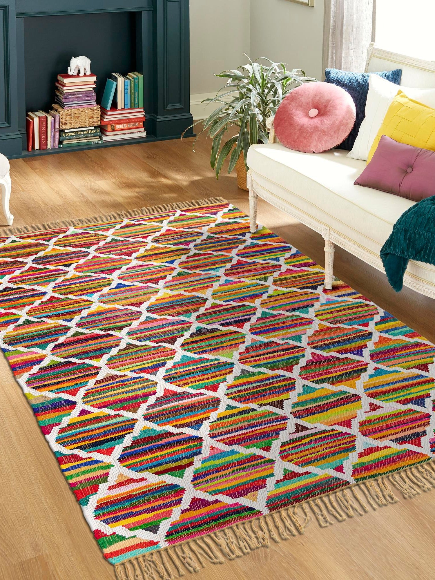 Multicolor 7' 1 x 10' Chindi Trellis Rectangle Area Rug Natural Eco-Friendly Cotton Geometric Pattern Carpet for Living Dining Room Office Bedrooms for Sale at Rug Engine