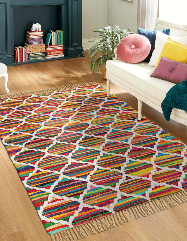 Multicolor 4' 1 x 6' 1 Chindi Trellis Rectangle Area Rug Natural Eco-Friendly Cotton Geometric Pattern Carpet for Living Dining Room Office Bedrooms for Sale at Rug Engine