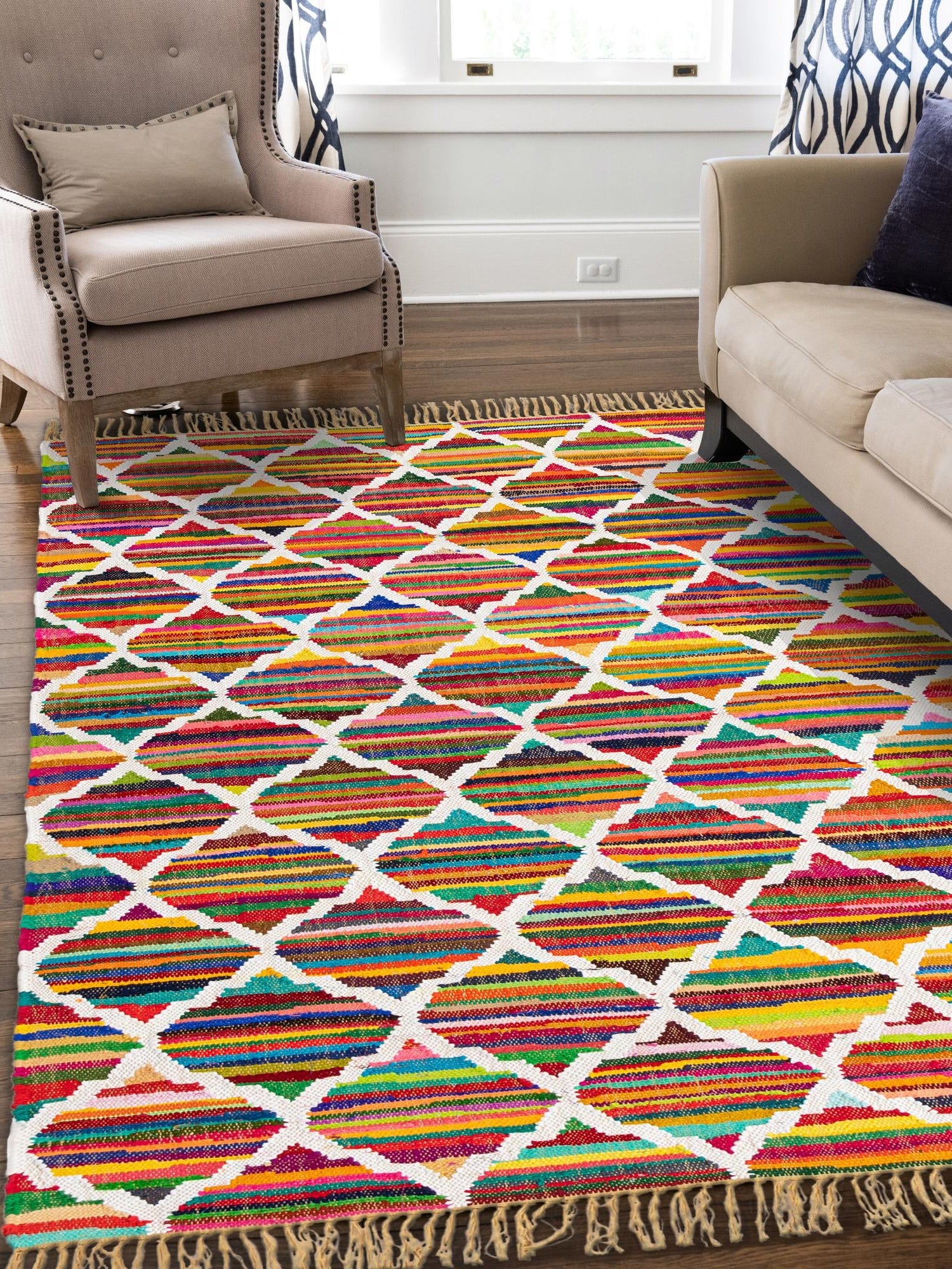 Multicolor 5' 1 x 8' Chindi Trellis Rectangle Area Rug Natural Eco-Friendly Cotton Geometric Pattern Carpet for Living Dining Room Office Bedrooms for Sale at Rug Engine