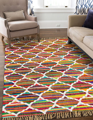 Multicolor 9' x 12' Chindi Trellis Rectangle Area Rug Natural Eco-Friendly Cotton Geometric Pattern Carpet for Living Dining Room Office Bedrooms for Sale at Rug Engine