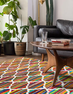 Multicolor 5' 1 x 8' Chindi Trellis Rectangle Area Rug Natural Eco-Friendly Cotton Geometric Pattern Carpet for Living Dining Room Office Bedrooms for Sale at Rug Engine