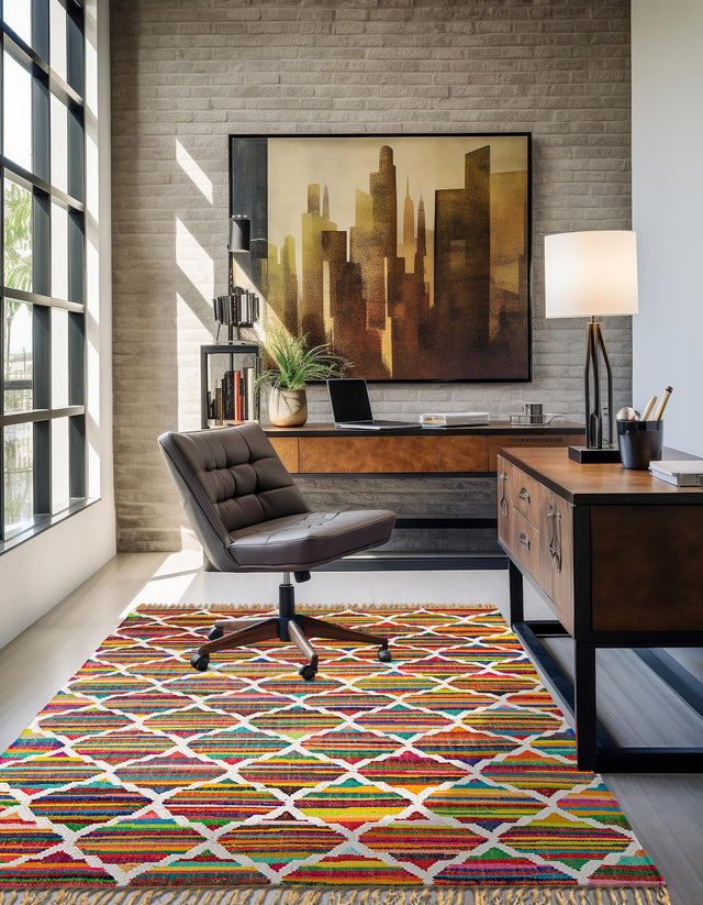 Multicolor 5' 1 x 8' Chindi Trellis Rectangle Area Rug Natural Eco-Friendly Cotton Geometric Pattern Carpet for Living Dining Room Office Bedrooms for Sale at Rug Engine