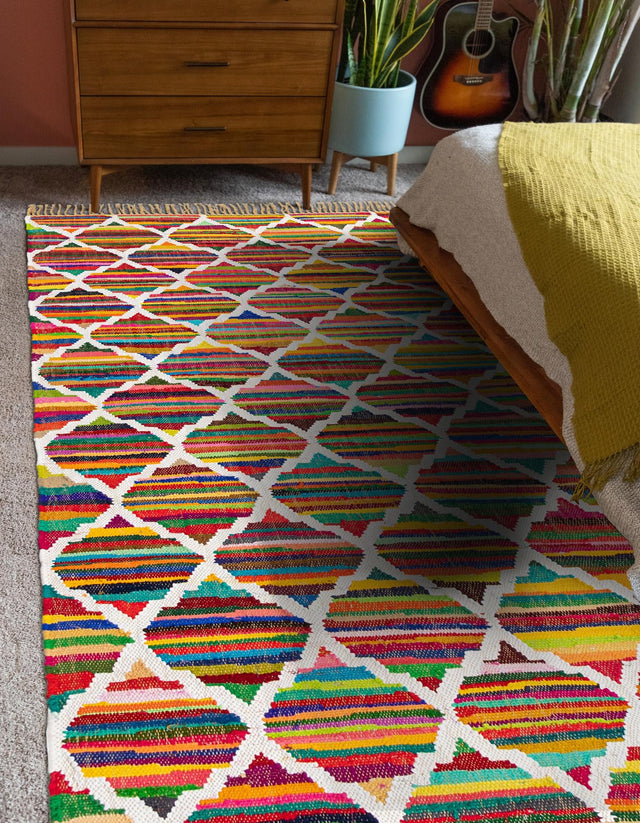 Multicolor 9' x 12' Chindi Trellis Rectangle Area Rug Natural Eco-Friendly Cotton Geometric Pattern Carpet for Living Dining Room Office Bedrooms for Sale at Rug Engine