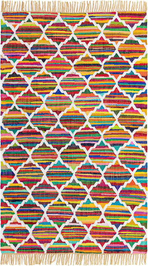 Multicolor 5' 1 x 8' Chindi Trellis Rectangle Area Rug Natural Eco-Friendly Cotton Geometric Pattern Carpet for Living Dining Room Office Bedrooms for Sale at Rug Engine