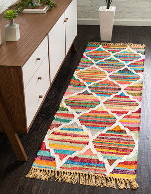 Multicolor 2' 2 x 6' 1 Chindi Trellis Runner Area Rug Natural Eco-Friendly Cotton Geometric Pattern Carpet for Living Dining Room Office Bedrooms for Sale at Rug Engine