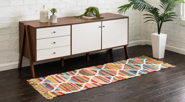 Multicolor 2' 2 x 6' 1 Chindi Trellis Runner Area Rug Natural Eco-Friendly Cotton Geometric Pattern Carpet for Living Dining Room Office Bedrooms for Sale at Rug Engine