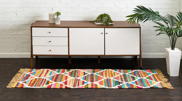 Multicolor 2' 2 x 6' 1 Chindi Trellis Runner Area Rug Natural Eco-Friendly Cotton Geometric Pattern Carpet for Living Dining Room Office Bedrooms for Sale at Rug Engine