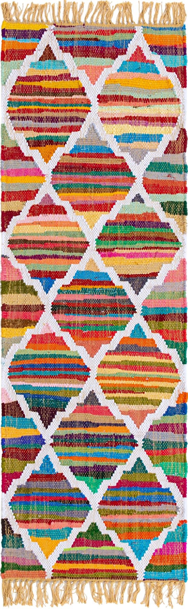 Multicolor 2' 2 x 6' 1 Chindi Trellis Runner Area Rug Natural Eco-Friendly Cotton Geometric Pattern Carpet for Living Dining Room Office Bedrooms for Sale at Rug Engine