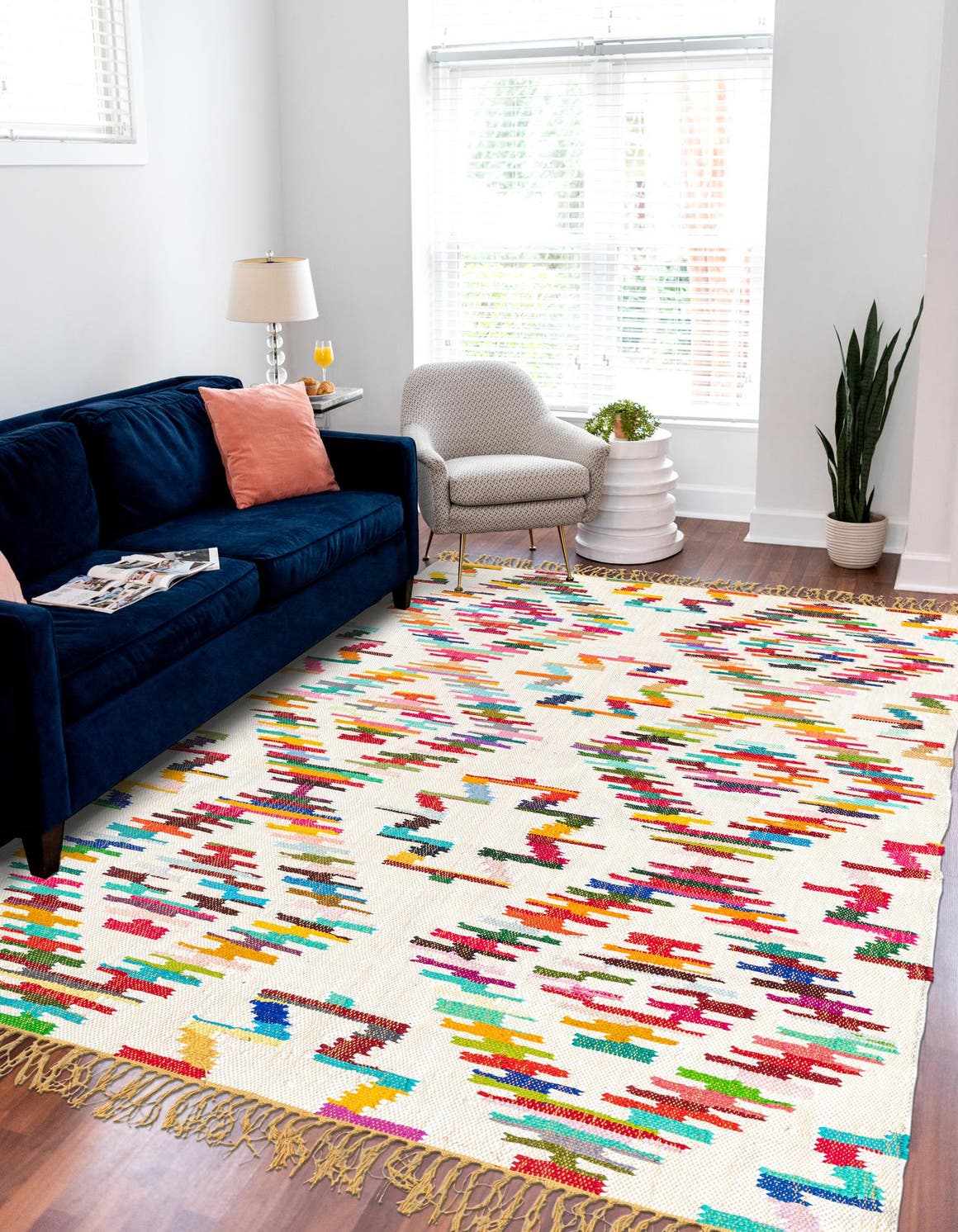 Multicolor 2' x 3' 1 Chindi Trellis Rectangle Area Rug Natural Eco-Friendly Cotton Geometric Pattern Carpet for Living Dining Room Office Bedrooms for Sale at Rug Engine