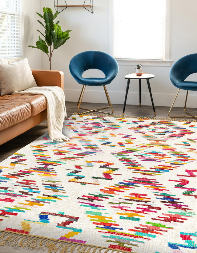 Multicolor 2' x 3' 1 Chindi Trellis Rectangle Area Rug Natural Eco-Friendly Cotton Geometric Pattern Carpet for Living Dining Room Office Bedrooms for Sale at Rug Engine
