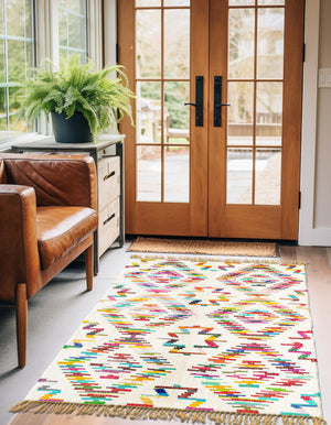 Multicolor 5' 1 x 8' Chindi Trellis Rectangle Area Rug Natural Eco-Friendly Cotton Geometric Pattern Carpet for Living Dining Room Office Bedrooms for Sale at Rug Engine