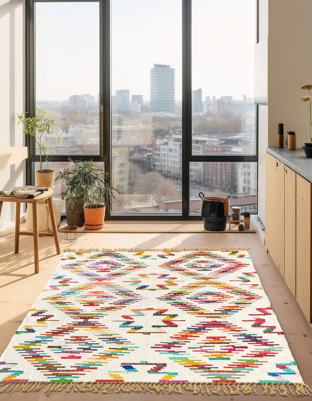 Multicolor 8' x 11' Chindi Trellis Rectangle Area Rug Natural Eco-Friendly Cotton Geometric Pattern Carpet for Living Dining Room Office Bedrooms for Sale at Rug Engine