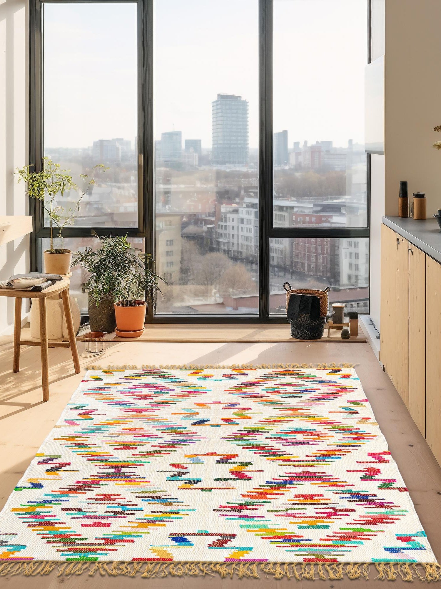 Multicolor 5' 1 x 8' Chindi Trellis Rectangle Area Rug Natural Eco-Friendly Cotton Geometric Pattern Carpet for Living Dining Room Office Bedrooms for Sale at Rug Engine
