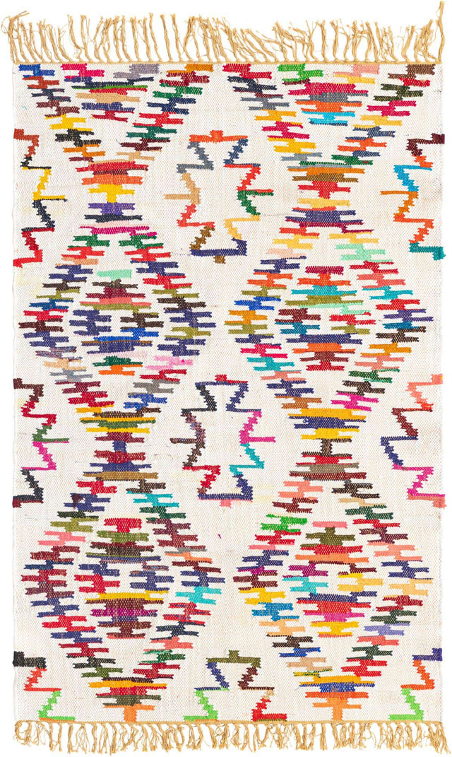 Multicolor 4' 1 x 6' 1 Chindi Trellis Rectangle Area Rug Natural Eco-Friendly Cotton Geometric Pattern Carpet for Living Dining Room Office Bedrooms for Sale at Rug Engine