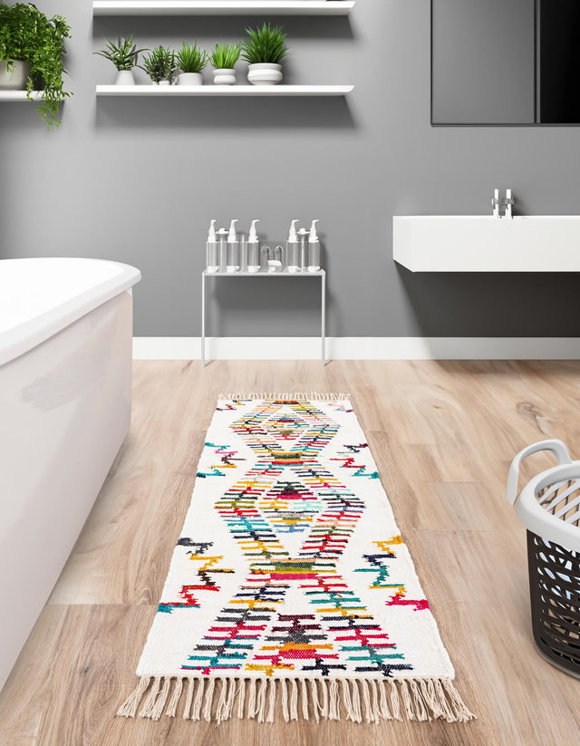 Multicolor 2' 2 x 6' 1 Chindi Trellis Runner Area Rug Natural Eco-Friendly Cotton Geometric Pattern Carpet for Living Dining Room Office Bedrooms for Sale at Rug Engine