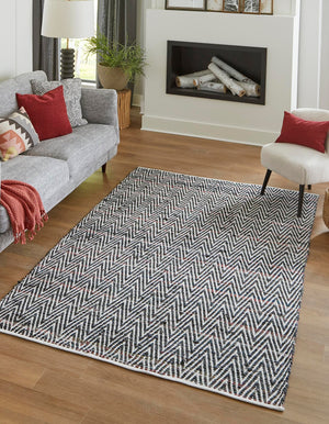 Black and White 7' 1 x 10' Chindi Chevron Rectangle Area Rug 100% Denim Cotton All Natural Modern Geometric Carpet Dining Living Rooms Bathroom Dorm Decor for Sale at Rug Engine