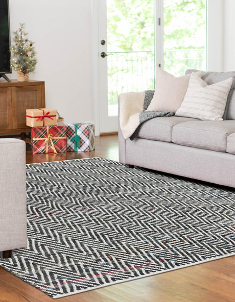 Black and White 7' 1 x 10' Chindi Chevron Rectangle Area Rug 100% Denim Cotton All Natural Modern Geometric Carpet Dining Living Rooms Bathroom Dorm Decor for Sale at Rug Engine