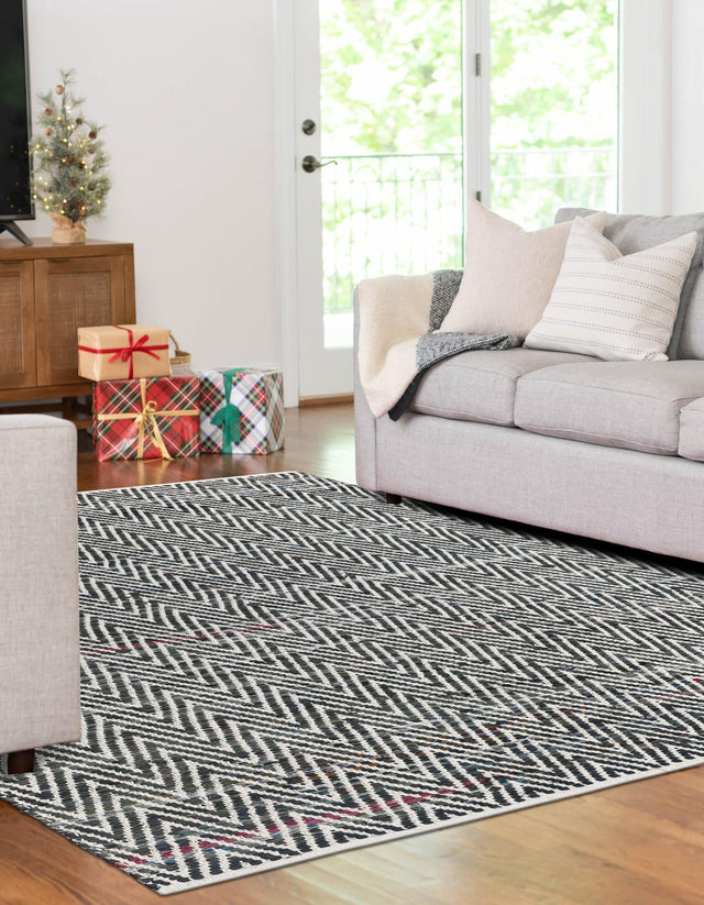 Black and White 8' x 11' Chindi Chevron Rectangle Area Rug 100% Denim Cotton All Natural Modern Geometric Carpet Dining Living Rooms Bathroom Dorm Decor for Sale at Rug Engine