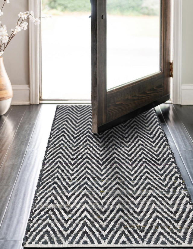 Black and White 2' 7 x 10' Chindi Chevron Runner Area Rug 100% Denim Cotton All Natural Modern Geometric Carpet Dining Living Rooms Bathroom Dorm Decor for Sale at Rug Engine