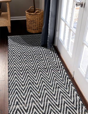 Black and White 2' 2 x 6' 1 Chindi Chevron Runner Area Rug 100% Denim Cotton All Natural Modern Geometric Carpet Dining Living Rooms Bathroom Dorm Decor for Sale at Rug Engine