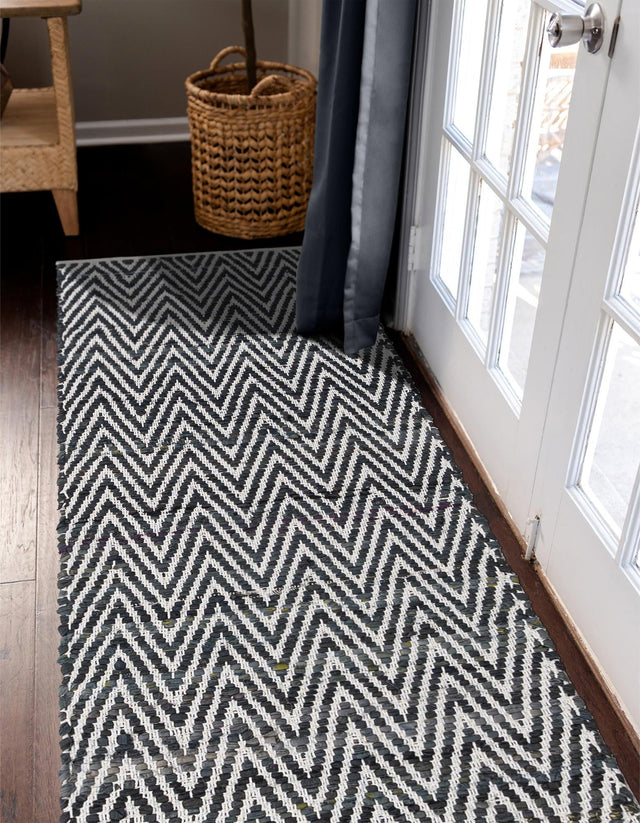 Black and White 2' 2 x 6' 1 Chindi Chevron Runner Area Rug 100% Denim Cotton All Natural Modern Geometric Carpet Dining Living Rooms Bathroom Dorm Decor for Sale at Rug Engine