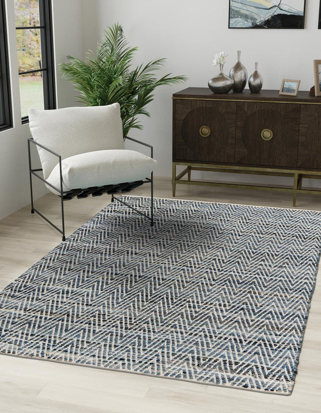 Denim 5' 1 x 8' Chindi Chevron Rectangle Area Rug 100% Denim Cotton All Natural Modern Geometric Carpet Dining Living Rooms Bathroom Dorm Decor for Sale at Rug Engine