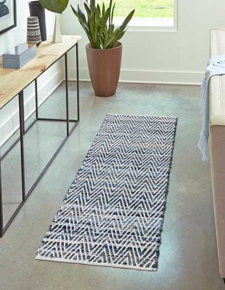 Denim 2' 7 x 10' Chindi Chevron Runner Area Rug 100% Denim Cotton All Natural Modern Geometric Carpet Dining Living Rooms Bathroom Dorm Decor for Sale at Rug Engine