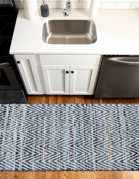Denim 2' 7 x 10' Chindi Chevron Runner Area Rug 100% Denim Cotton All Natural Modern Geometric Carpet Dining Living Rooms Bathroom Dorm Decor for Sale at Rug Engine