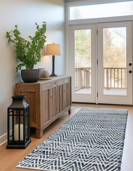 Denim 2' 7 x 10' Chindi Chevron Runner Area Rug 100% Denim Cotton All Natural Modern Geometric Carpet Dining Living Rooms Bathroom Dorm Decor for Sale at Rug Engine