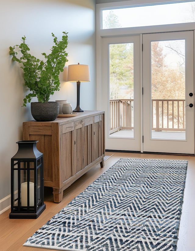 Denim 2' 7 x 10' Chindi Chevron Runner Area Rug 100% Denim Cotton All Natural Modern Geometric Carpet Dining Living Rooms Bathroom Dorm Decor for Sale at Rug Engine