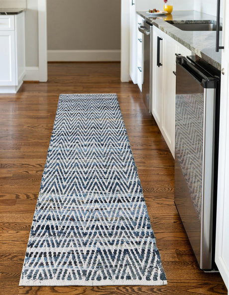 Denim 2' 7 x 10' Chindi Chevron Runner Area Rug 100% Denim Cotton All Natural Modern Geometric Carpet Dining Living Rooms Bathroom Dorm Decor for Sale at Rug Engine