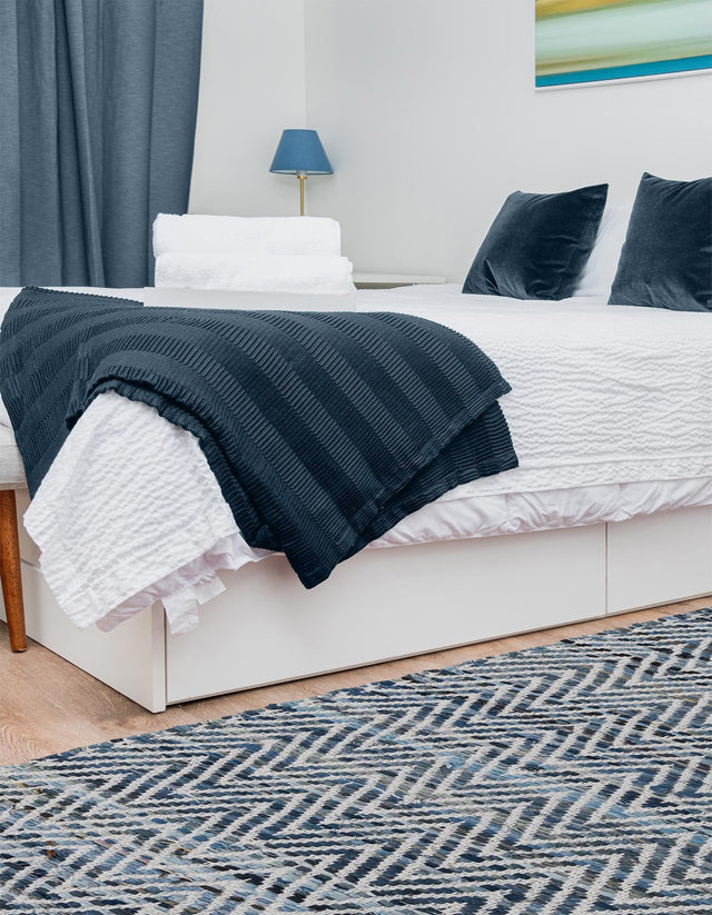 Denim 2' 7 x 10' Chindi Chevron Runner Area Rug 100% Denim Cotton All Natural Modern Geometric Carpet Dining Living Rooms Bathroom Dorm Decor for Sale at Rug Engine